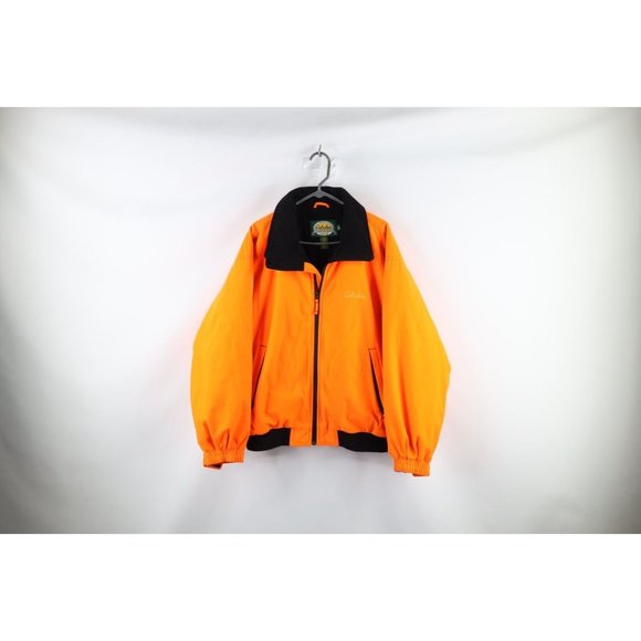 Vintage Cabelas Large Spell Out Soft Cloth Hunting Bomber Jacket Blaze Orange - Picture 1 of 14